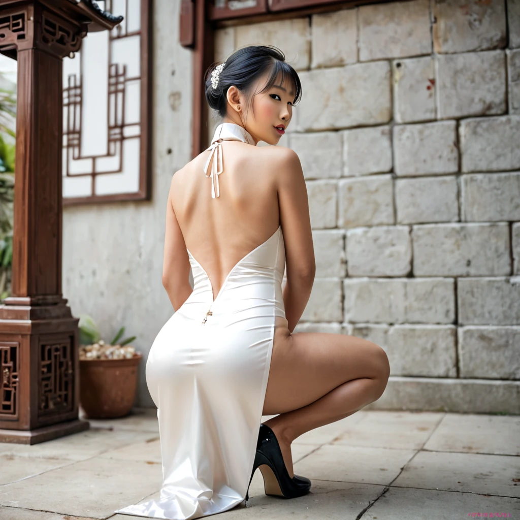 Realistic, high quality, Chinese woman wearing a maxi bodycon dress, cotton dress, squatting down,rear view