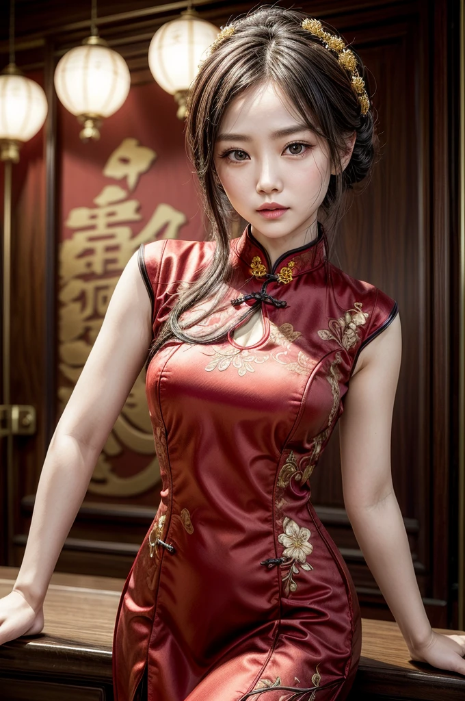 Create a highly detailed and elegant Cheongsam (Qipao) design. The dress should feature intricate floral embroidery, traditional Chinese patterns, and a high collar. The fabric should be silky and glossy, with a rich, deep red color that symbolizes good fortune. Add gold accents and trim to enhance the luxurious feel. The Cheongsam should be form-fitting, highlighting the wearer's figure gracefully, with side slits for ease of movement. Include delicate buttons along the side and an overall sophisticated, timeless look. Temple background