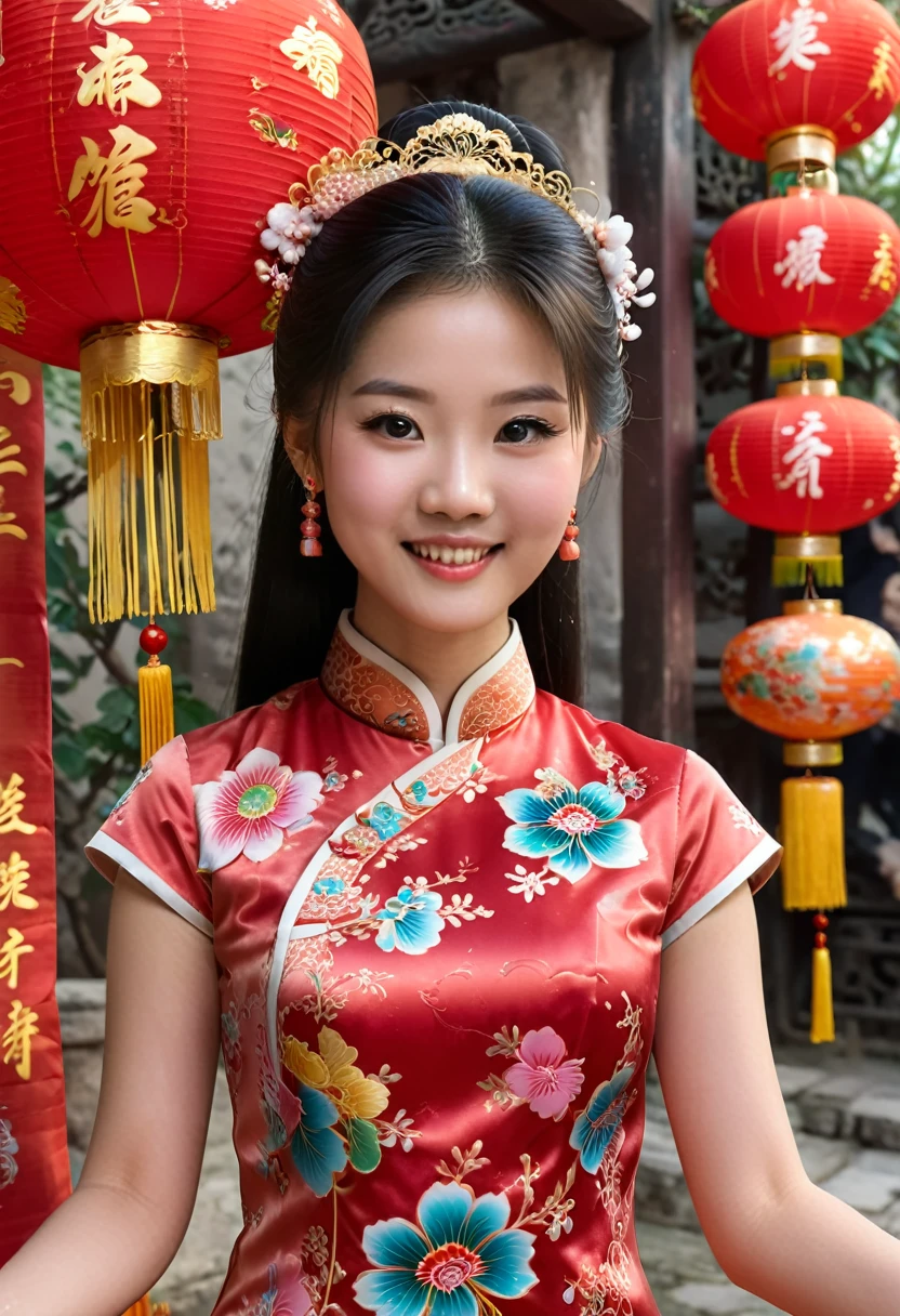 photography, with a girl wearing a qipao as a guide at an exhibition about Chinese culture. She elegantly introduces Chinese clothing culture with a smile on her face, which is very friendly. The background is the content of the exhibition, and close-up shots are taken, (masterpiece, best quality, Professional, perfect composition, very aesthetic, absurdres, ultra-detailed, intricate details:1.3)