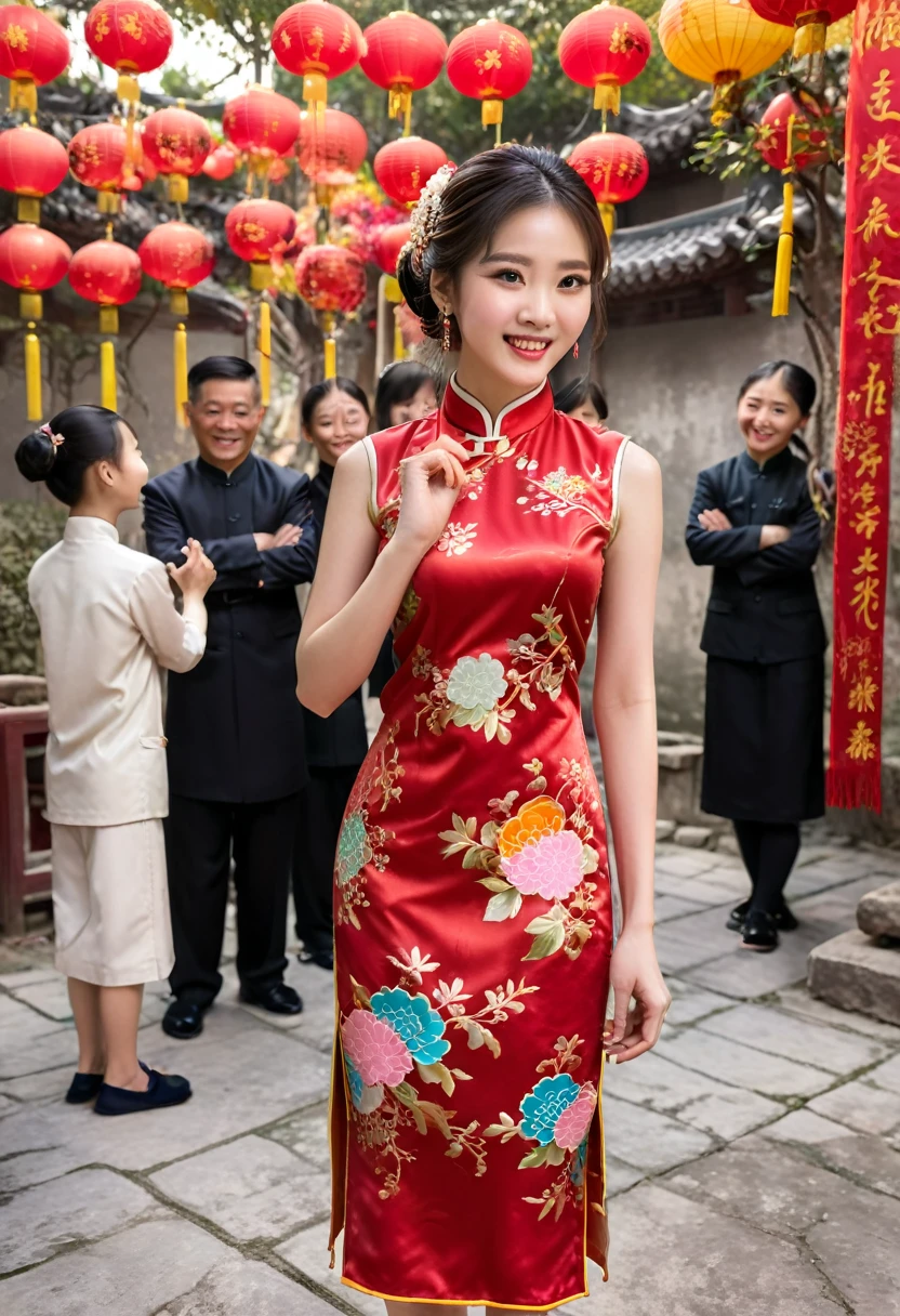 photography, with a girl wearing a qipao as a guide at an exhibition about Chinese culture. She elegantly introduces Chinese clothing culture with a smile on her face, which is very friendly. The background is the content of the exhibition, and close-up shots are taken, (masterpiece, best quality, Professional, perfect composition, very aesthetic, absurdres, ultra-detailed, intricate details:1.3)