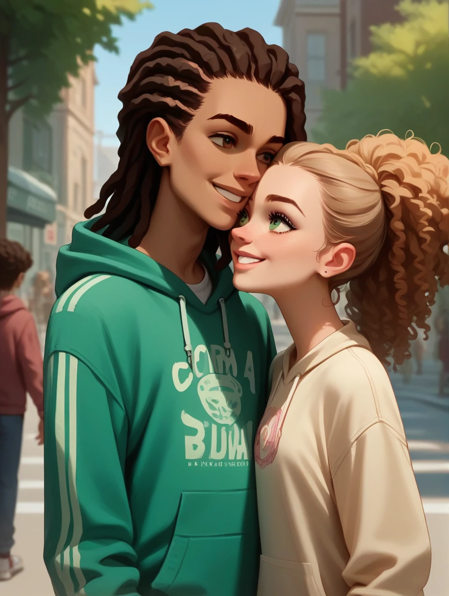 score_9, score_8_up, score_7_up, score_6_up,  young black  woman and man, Spanish,skin color is brown, matching sweatshirt, beautiful detailed eyes, boy with Dreadlocks,hair tied back, girl with curly hair, urban setting, vibrant colors, street art, couple pose, smiling at each other, natural lighting, realistic, modern art style, high resolution, rich texture, youthful energy,