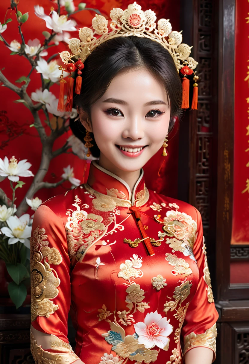 photography, with a girl wearing a qipao as a guide at an exhibition about Chinese culture. She elegantly introduces Chinese clothing culture with a smile on her face, which is very friendly. The background is the content of the exhibition, and close-up shots are taken, (masterpiece, best quality, Professional, perfect composition, very aesthetic, absurdres, ultra-detailed, intricate details:1.3)