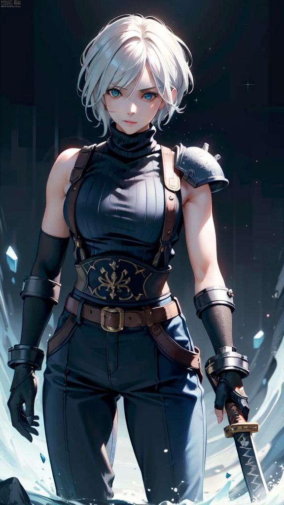 (masterpiece, best quality:1.2), expressive eyes, perfect face, highres, 1 girl, solo, (female:1.5), strife, short hair, shoulder armor, sleeveless turtleneck, suspenders, belt, gloves, bracer, standing, portrait, looking at viewer, White hair, Blue glowing eyes, holding a giant katana,