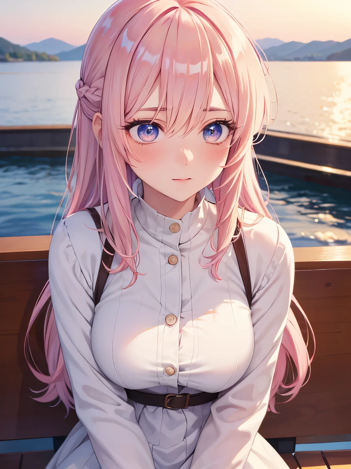 1woman,Sit on a boat,on the lake, looking away,blush, looking away,Hands covering face,,Beautiful makeup, long eyelashes,early in the morning,stunning,half body photo, very detailed face,cute,,HD face, perfect face,Short white dress, pink cardigan,very big breasts,Blonde hair,blonde hair,bangs,long hair, straight hair,ultra detail,ultra Hd, masterpiece,4k