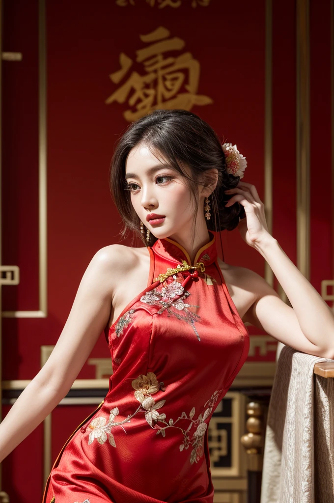 Create a highly detailed and elegant Cheongsam (Qipao) design. The dress should feature intricate floral embroidery, traditional Chinese patterns, and a high collar. The fabric should be silky and glossy, with a rich, deep red color that symbolizes good fortune. Add gold accents and trim to enhance the luxurious feel. The Cheongsam should be form-fitting, highlighting the wearer's figure gracefully, with side slits for ease of movement. Include delicate buttons along the side and an overall sophisticated, timeless look. Temple background