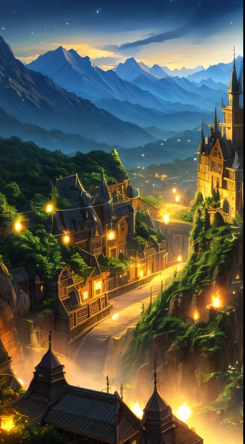 anime village with a mountain in the background, medeival fantasy town, mountain fortress city, fantasy town setting, detailed fantasy digital art, a bustling magical town, detailed digital concept art, cliffside town, 4k highly detailed digital art, fantasy town, detailed 4k concept art, highly detailed fantasy art, beautiful detailed concept art, steampunk villages castles (brokeh effect) (fireflies and glowing effect)