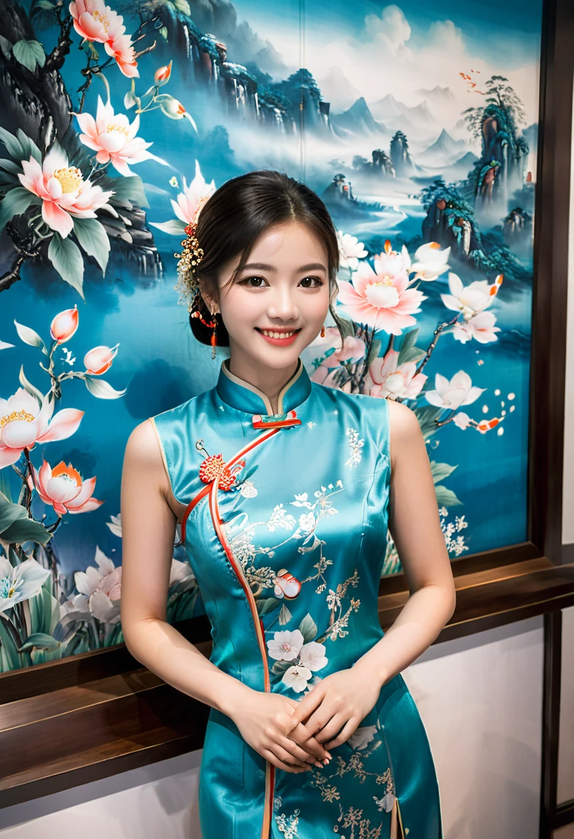 photography, with a girl wearing a qipao as a guide at an exhibition about Chinese culture. She elegantly introduces Chinese clothing culture with a smile on her face, which is very friendly. The background is the content of the exhibition, and close-up shots are taken, (masterpiece, best quality, Professional, perfect composition, very aesthetic, absurdres, ultra-detailed, intricate details:1.3)