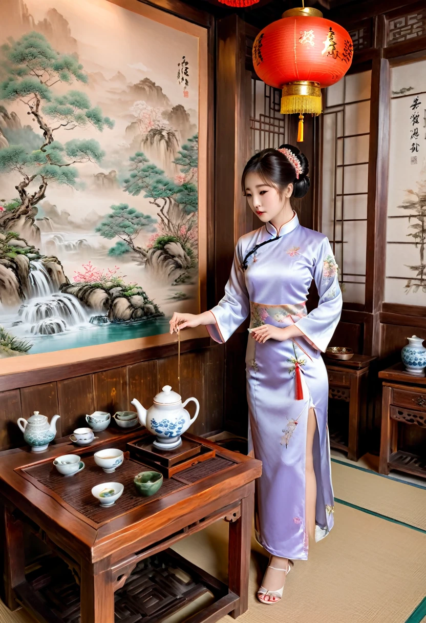 photography, with a girl wearing a qipao as a guide at an exhibition about Chinese culture. She elegantly introduces Chinese clothing culture with a smile on her face, which is very friendly. The background is the content of the exhibition, and close-up shots are taken, (masterpiece, best quality, Professional, perfect composition, very aesthetic, absurdres, ultra-detailed, intricate details:1.3)