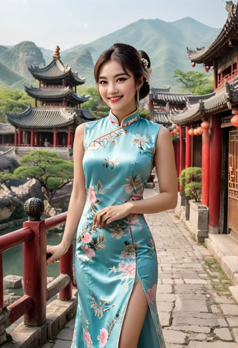 photography, with a girl wearing a qipao as a guide at an exhibition about Chinese culture. She elegantly introduces Chinese clothing culture with a smile on her face, which is very friendly. The background is the content of the exhibition, and close-up shots are taken, (masterpiece, best quality, Professional, perfect composition, very aesthetic, absurdres, ultra-detailed, intricate details:1.3)