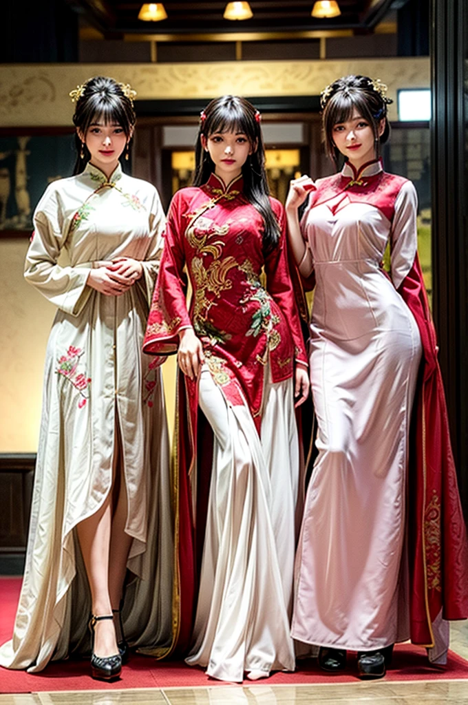 打造精緻優雅的旗袍 (qipao) 设计. 這件衣服應該要有複雜的花卉刺繡, 中國傳統圖案, 和高領. 面料應該是絲滑且有光澤的, 與一個富有的, 深紅色，象徵好運. 添加金色裝飾和裝飾以增強奢華感. 旗袍一定要合身, 優雅地凸顯配戴者的身材, 側邊開衩，方便活動. 側面有精緻的按鈕，整體精緻, 永恆的外觀. 寺庙背景, 全身