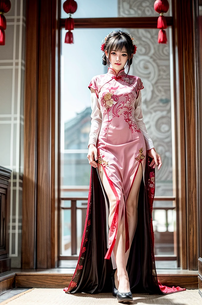 Create a highly detailed and elegant Cheongsam (Qipao) design. The dress should feature intricate floral embroidery, traditional Chinese patterns, and a high collar. The fabric should be silky and glossy, with a rich, deep red color that symbolizes good fortune. Add gold accents and trim to enhance the luxurious feel. The Cheongsam should be form-fitting, highlighting the wearer's figure gracefully, with side slits for ease of movement. Include delicate buttons along the side and an overall sophisticated, timeless look. Temple background, full body