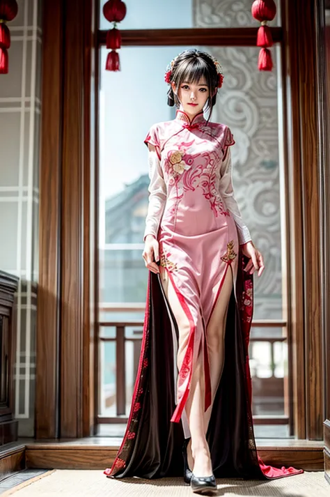 Create a highly detailed and elegant Cheongsam (Qipao) design. The dress should feature intricate floral embroidery, traditional...