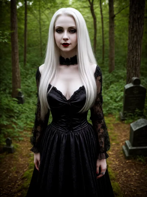 female sexy vampire|albino, pale porcelain skin, sexy vintage black dress, smile, shallow depth of field, grin|creepy, nightfall...