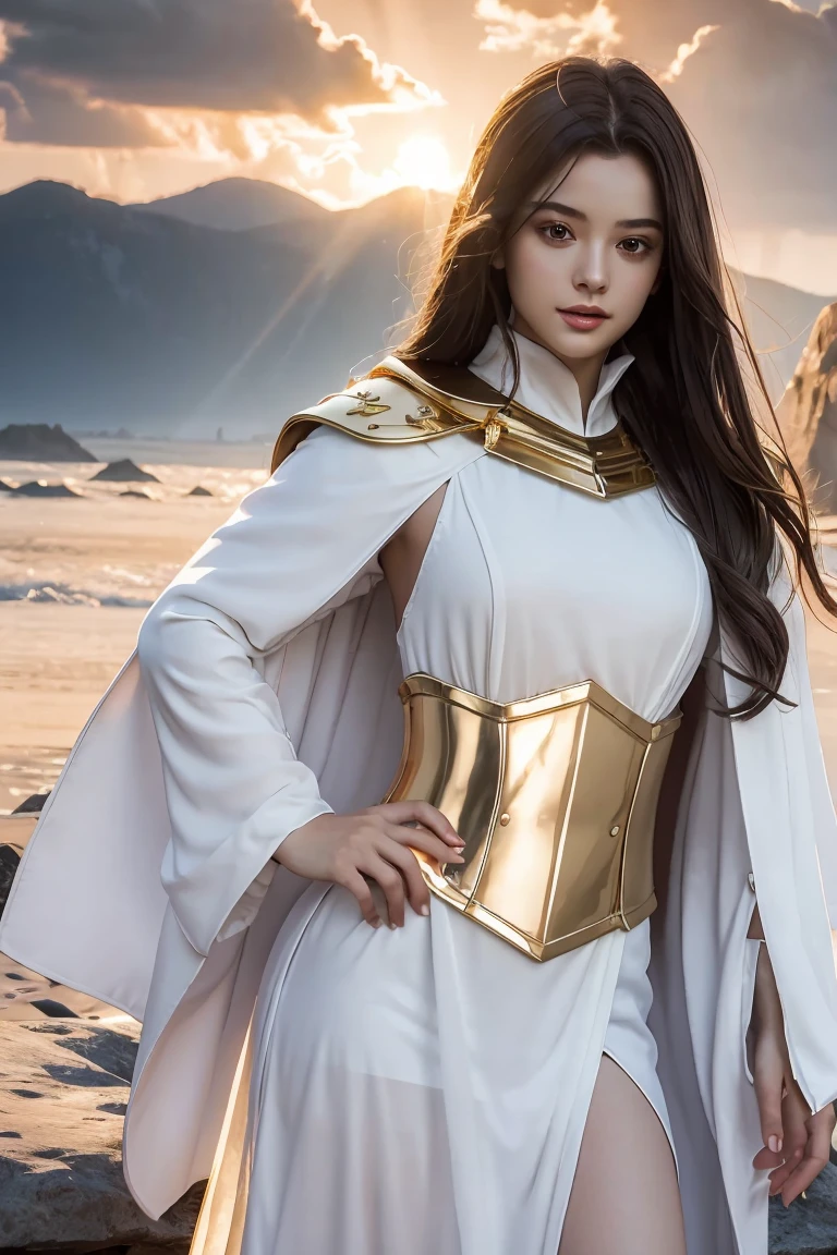 ((masterpiece, best quality, extremely detailed), volumetric lighting, ambient occlusion, colorful, glowing), 1girl, solo, young girl, (dark hair), long hair, ranger suit, hunter class dnd, cloak, (white outfit with gold detailst:1.3), armor, outdoors, sunset, sky, clouds, space, (fantasy theme:1.2),