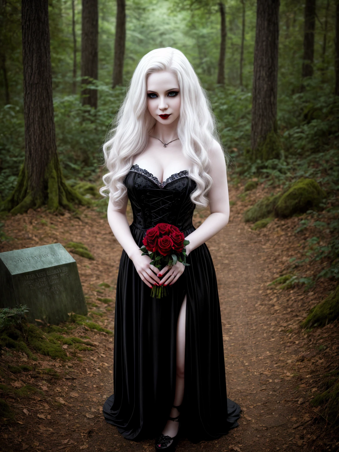 Female sexy vampire|albino, pale porcelain skin, sexy vintage black dress -  SeaArt AI