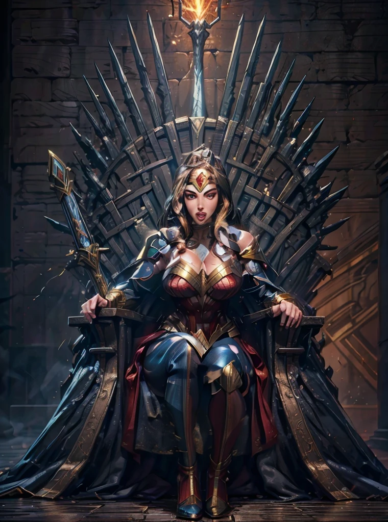 full body, a girl, Gal Gadot plays Wonder Woman, very sexy uniform, bra and thone only, huge breasts, huge ass, big legs, beautiful face, The expression is resolute，The very sexy fighting posture perfectly shows the female body curves， Camel toe huge cleaerce fighting， Horror atmosphere，Demonic enemies，Religious elements，Detail demeanor，Advanced lighting effects，flame，Thunder and Lightning，mystery，High-quality paintings，Colorful and colorful，Sexy