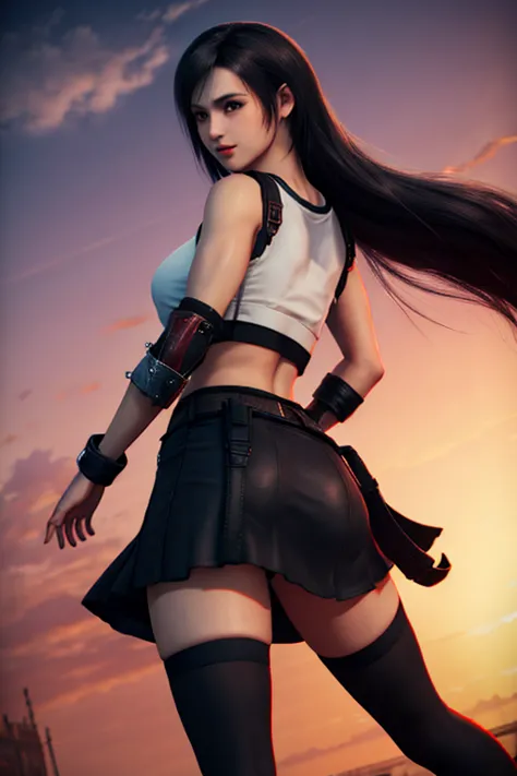masterpiece, best quality, tifa, (red eyes:0.6), black thighhighs, taut clothes, (looking back:1.2), crop top, ass, skirt, twili...
