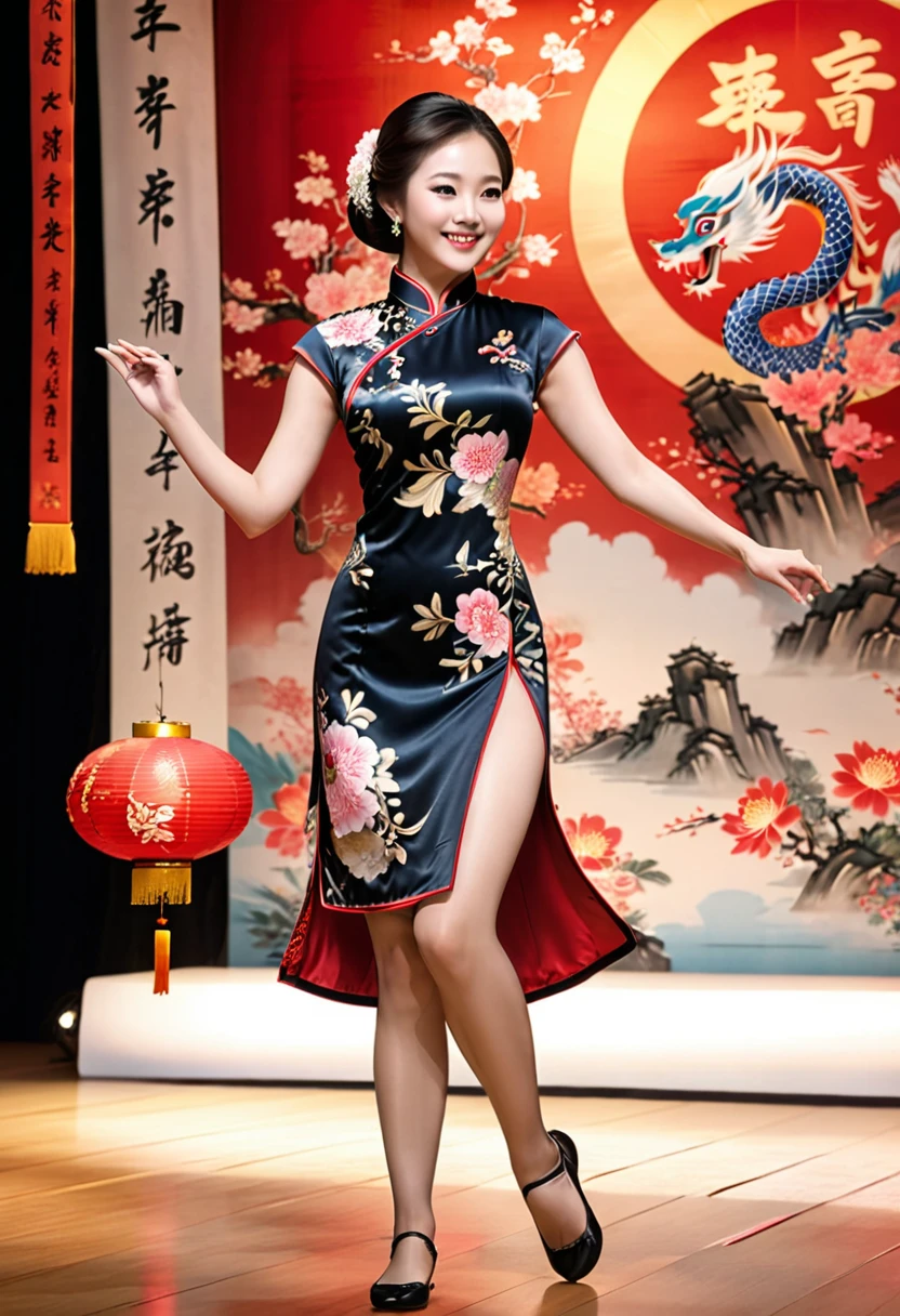 photography, with a girl wearing a qipao as a guide at an exhibition about Chinese culture. She elegantly introduces Chinese clothing culture with a smile on her face, which is very friendly. The background is the content of the exhibition, and close-up shots are taken, (masterpiece, best quality, Professional, perfect composition, very aesthetic, absurdres, ultra-detailed, intricate details:1.3)