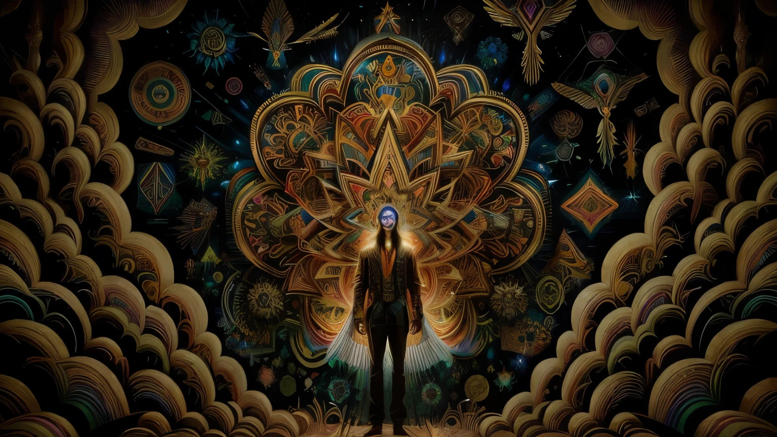 Arafed image of a man standing in front of a psychedelic painting - SeaArt  AI