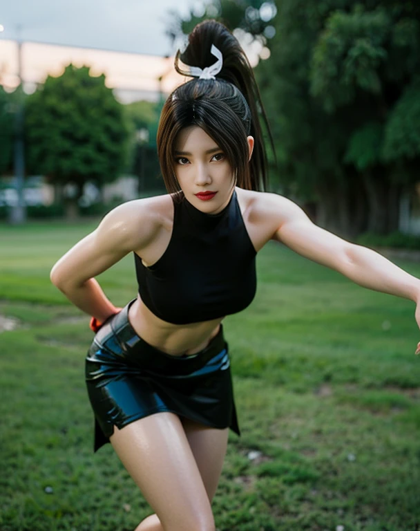 1girl, black skirt , black crop top , wearing mouth mask, standing, outdoors, akiryo-mai, shiranui mai, parted bangs, mature female, high ponytail, shiny skin, looking at viewer, Depth of field, blurred background, very short hair, high-quality photo portrait, shot on a Polaroid camera, double eyelid , medium close up, (Show the armpits, open the inseam quite wide, Sexy Standing Pose, Perfect dynamic composition).