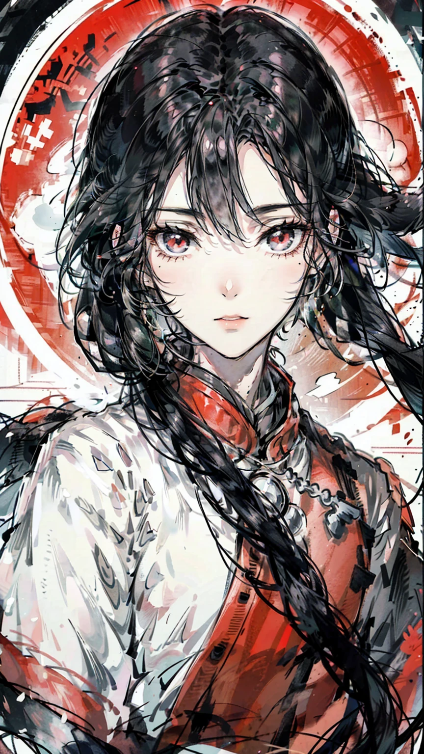 Mature girl, black hair, floating hair, delicate eyes, red pupils, black and red antique damask hanfu, FOV, f1.8, masterpiece, complex scene, gorgeous portrait shot，Full of heroism and heroines