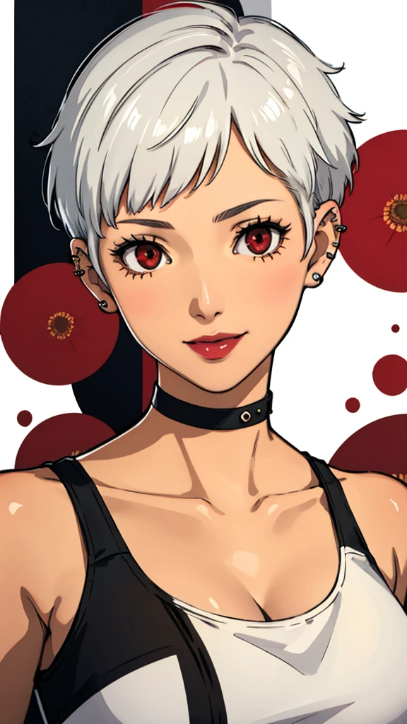 1 girl, milf, Red eyes, very short hair, black choker, lipstick, smile, white hair, tank top, medium breast, portrait, face portrait, wheatskin, tank top, tomboy Pixie cut hairstyle, ear piercings 