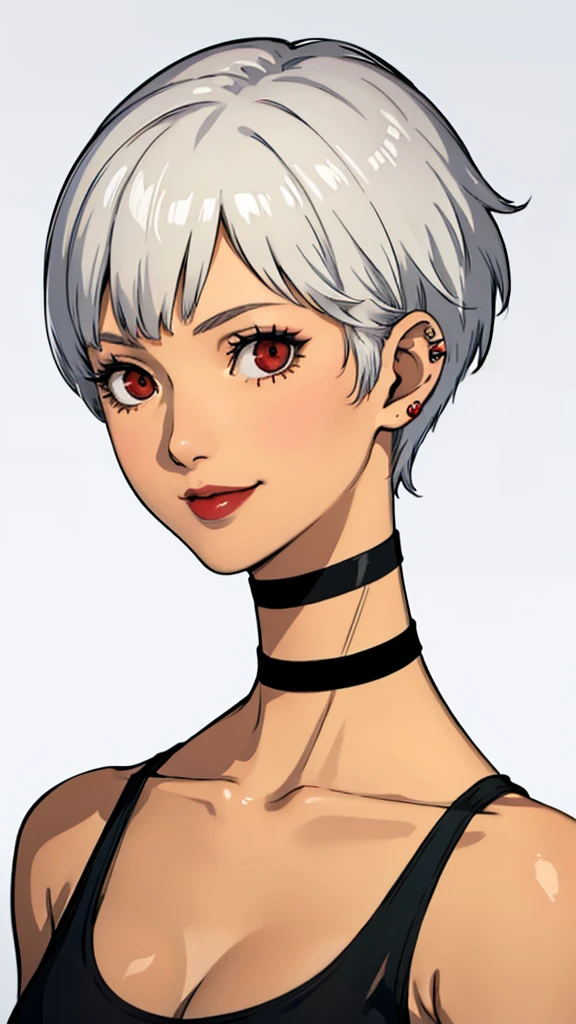 1 girl, milf, Red eyes, very short hair, black choker, lipstick, smile, white hair, tank top, medium breast, portrait, face portrait, wheatskin, tank top, tomboy Pixie cut hairstyle, ear piercings 