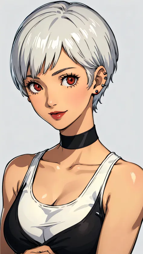 1 girl, milf, Red eyes, very short hair, black choker, lipstick, smile, white hair, tank top, medium breast, portrait, face port...