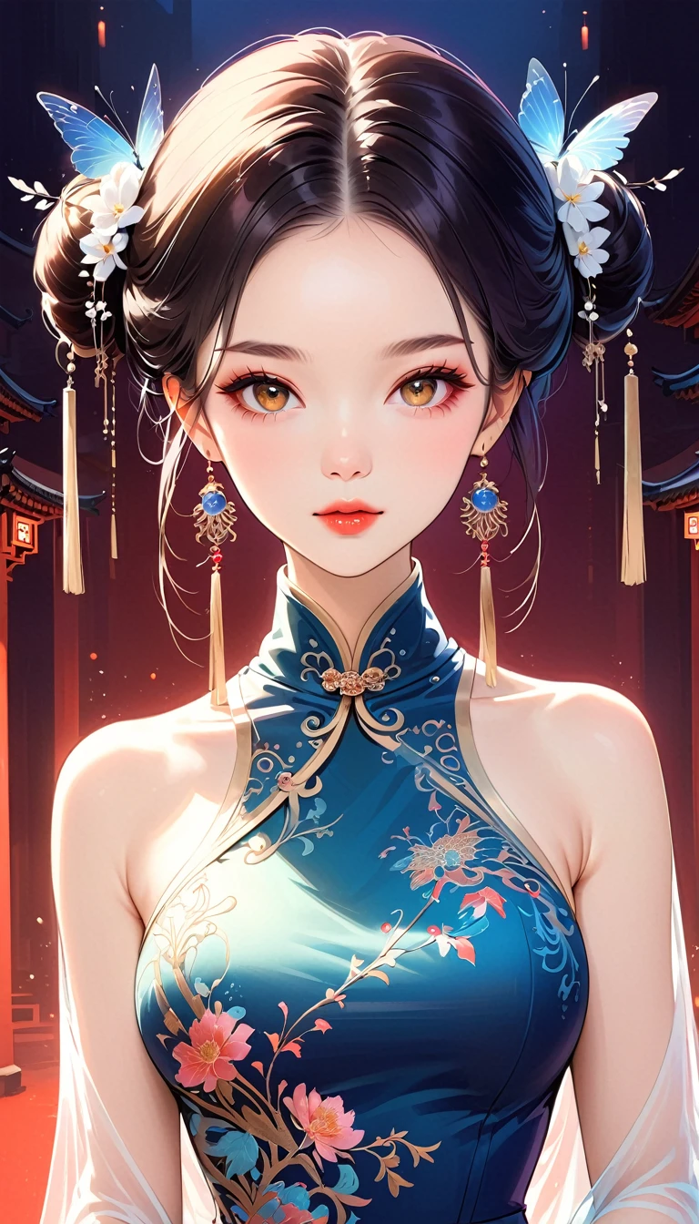 Chinese cheongsam sexy,illustration,High-end fashion,Beautiful and delicate eyes,Beautiful and delicate lips,Long eyelashes,Exquisite makeup,Vibrant colors,posture,Attractive background,Stylized Lighting,editing style,Chinese cultural elements,Exquisite embroidery,Detailed pattern,Modern transformation,Feminine charm,complicated,Futuristic,Chic hairstyle,Beautiful accessories,Tempting,Wearing stylish high heels,Luxurious fabrics,Beautiful movements,Confident expression,Ethereal atmosphere,Colorful composition,Impeccable attention to detail,Modern elegance,Expressive eyes,Dramatic Lighting,Seamless Integration,Artistic talent,Rich texture,Perfect fashion sense,Colored lights,A romantic atmosphere,A bold fashion statement,Stylish composition