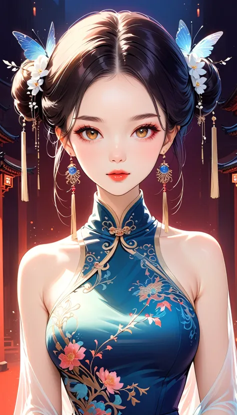 Chinese cheongsam sexy,illustration,High-end fashion,Beautiful and delicate eyes,Beautiful and delicate lips,Long eyelashes,Exqu...