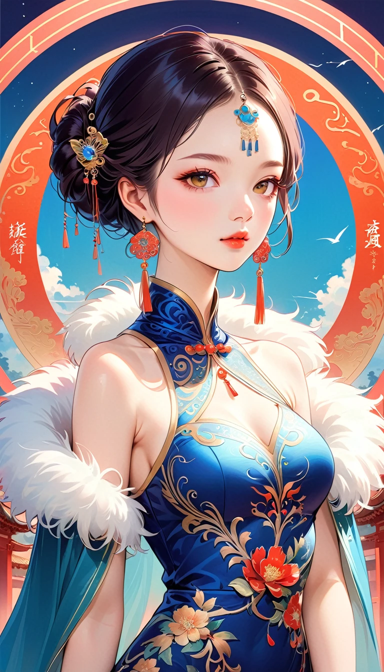 Chinese cheongsam sexy,illustration,High-end fashion,Beautiful and delicate eyes,Beautiful and delicate lips,Long eyelashes,Exquisite makeup,Vibrant colors,posture,Attractive background,Stylized Lighting,editing style,Chinese cultural elements,Exquisite embroidery,Detailed pattern,Modern transformation,Feminine charm,complicated,Futuristic,Chic hairstyle,Beautiful accessories,Tempting,Wearing stylish high heels,Luxurious fabrics,Beautiful movements,Confident expression,Ethereal atmosphere,Colorful composition,Impeccable attention to detail,Modern elegance,Expressive eyes,Dramatic Lighting,Seamless Integration,Artistic talent,Rich texture,Perfect fashion sense,Colored lights,A romantic atmosphere,A bold fashion statement,Stylish composition