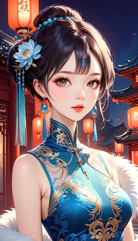 Chinese cheongsam sexy,illustration,High-end fashion,Beautiful and delicate eyes,Beautiful and delicate lips,Long eyelashes,Exqu...