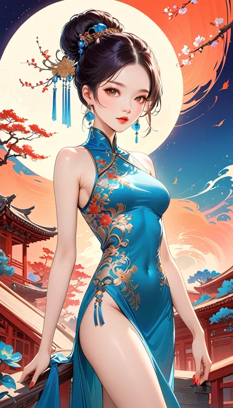 Chinese cheongsam sexy,illustration,High-end fashion,Beautiful and delicate eyes,Beautiful and delicate lips,Long eyelashes,Exqu...