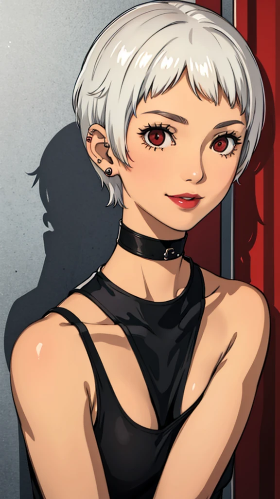 1 girl, milf, Red eyes, very short hair, black choker, lipstick, smile, white hair, tank top, medium breast, portrait, face portrait, wheatskin, tank top, shaved hair, ear piercings 