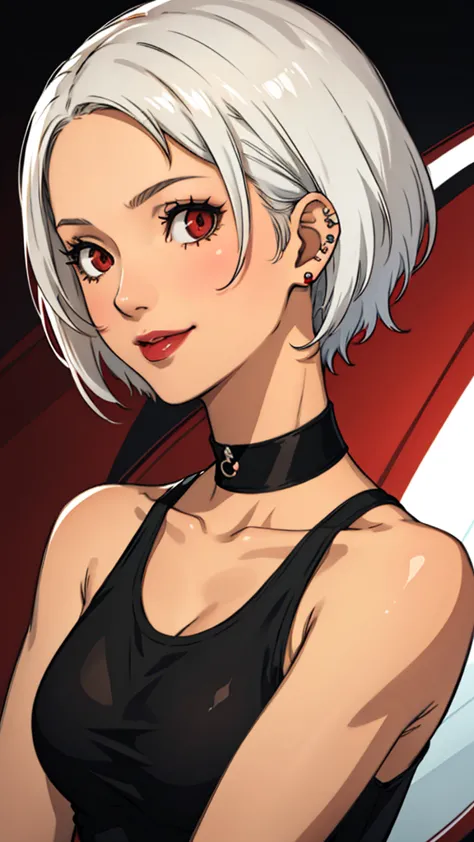 1 girl, milf, Red eyes, very short hair, black choker, lipstick, smile, white hair, tank top, medium breast, portrait, face port...