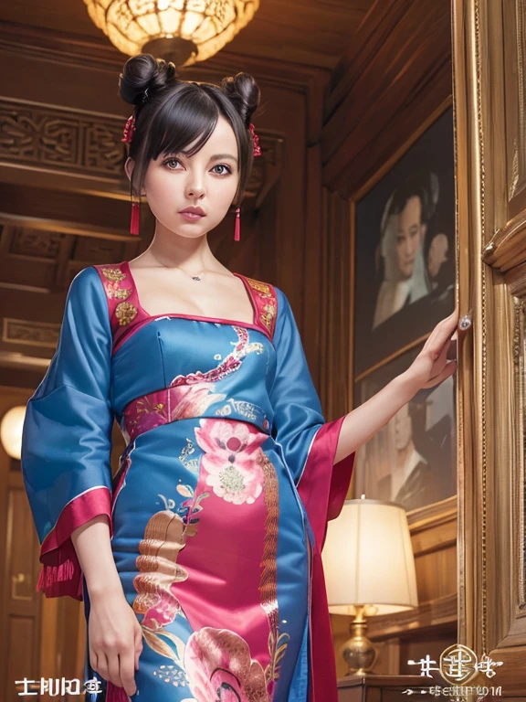 (high quality, High resolution:1.2), (Realistic:1.4), (1 Girl:1), Traditional Chinese Dresses,  (Charming monkey:1), (((Double Buns))), Refer your audience, Lesbians all over, palace, corridor, ((Fringe cover)), Blunt bangs, Small breasts