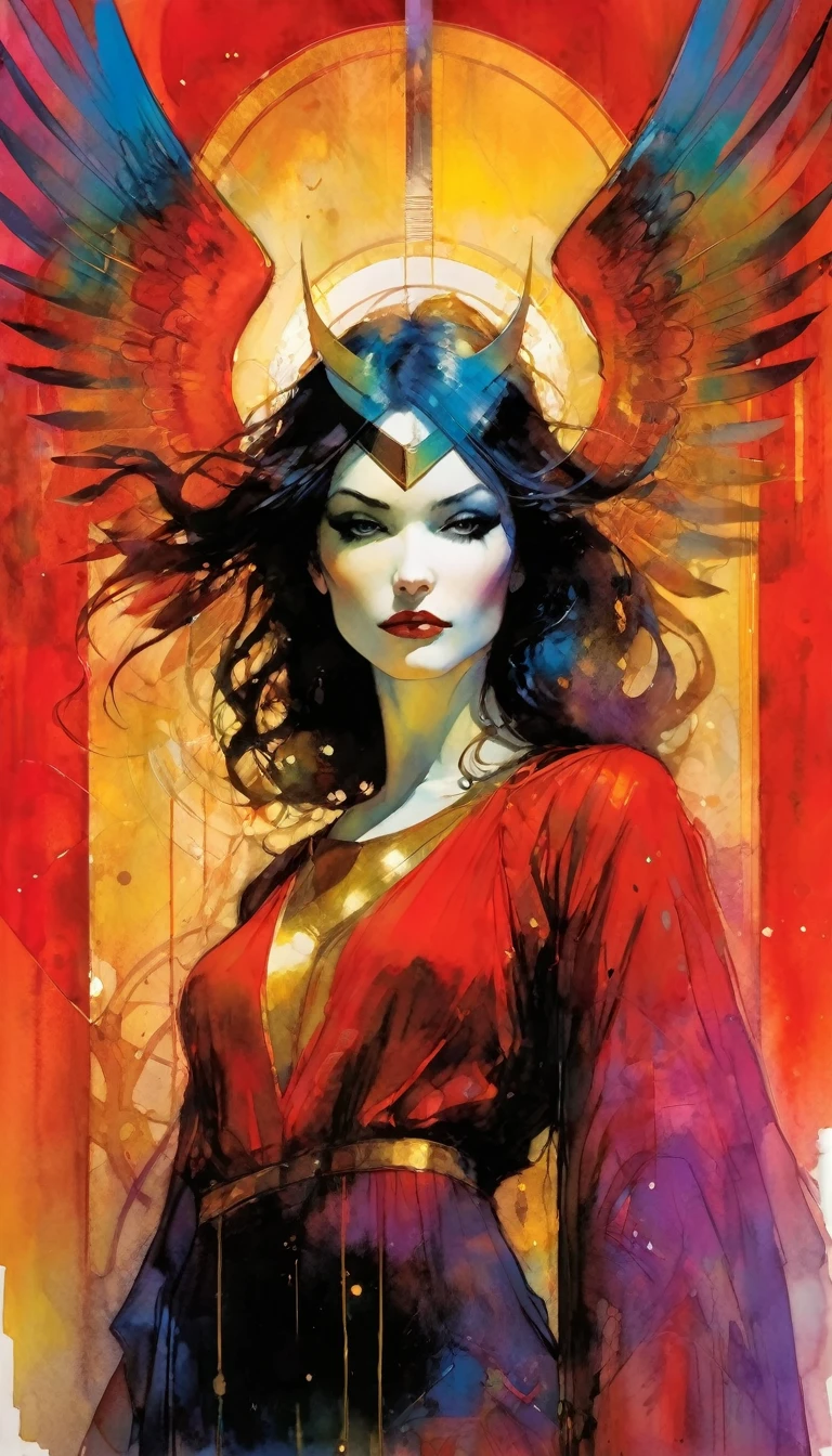 JUSTICE, œuvre inspirée de Bill Sienkiewicz, Couleurs vives, détails complexes, Huile.
