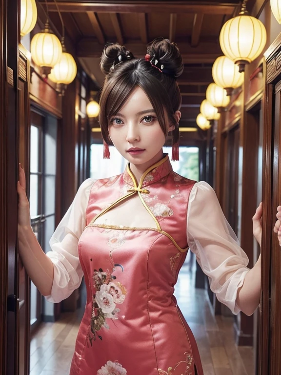 becky, (high quality, High resolution:1.2), (Realistic:1.4), (1 Girl:1), Traditional Chinese Dresses,  (Charming monkey:1), (((Double Buns))), Refer your audience, Lesbians all over, palace, corridor, ((Fringe cover)), Blunt bangs, Small breasts