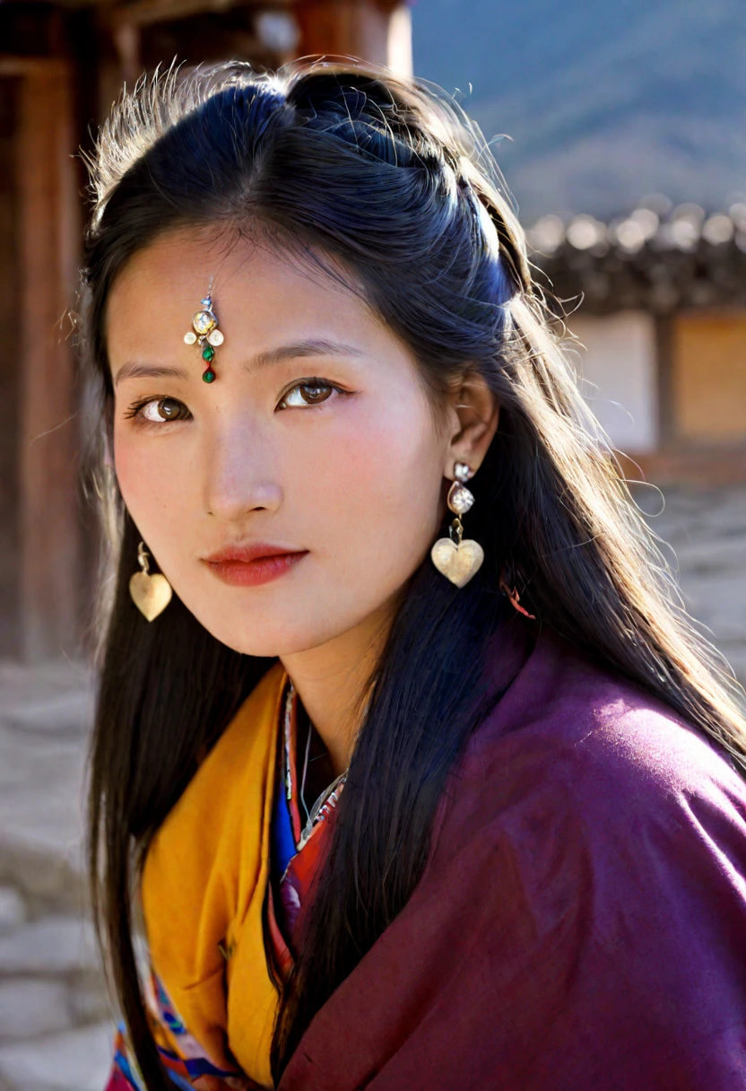 Bhutanese woman in traditional Bhutanese teunue in Paro in the heart of Bhutan 