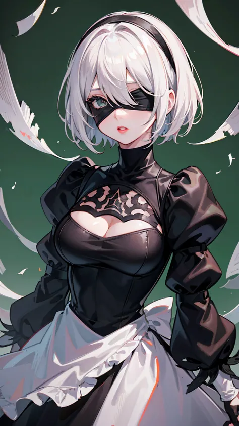 Yorha No. 2 Type B, 1girl in, Blindfold, breasts, cleavage, cleavage cutout, Clothes Cutout, Green background, hair between eye,...