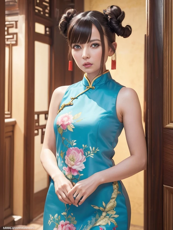becky, (high quality, High resolution:1.2), (Realistic:1.4), (1 Girl:1), Traditional Chinese Dresses,  (Charming monkey:1), (((Double Buns))), Refer your audience, Lesbians all over, palace, corridor, ((Fringe cover)), Blunt bangs, Small breasts