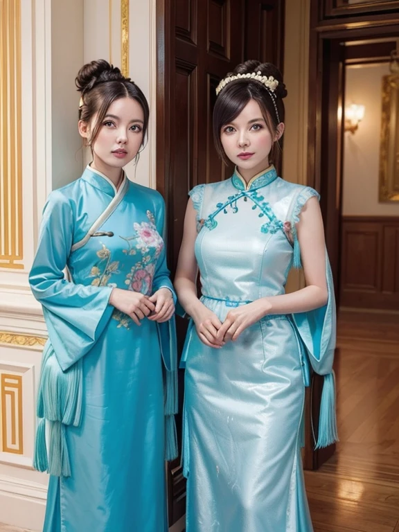 becky, (high quality, High resolution:1.2), (Realistic:1.4), (1 Girl:1), Traditional Chinese Dresses,  (Charming monkey:1), (((Double Buns))), Refer your audience, Lesbians all over, palace, corridor, ((Fringe cover)), Blunt bangs, Small breasts