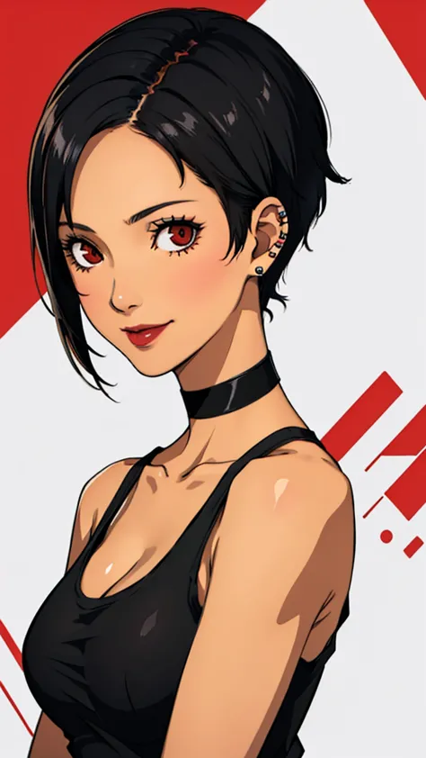 1 girl, milf, Red eyes, very short hair, black choker, lipstick, smile, black hair, tank top, medium breast, portrait, face port...