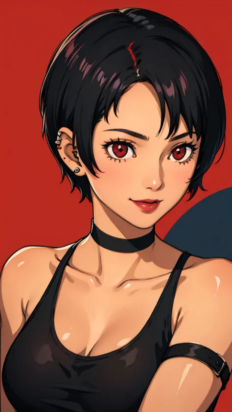 1 girl, milf, Red eyes, very short hair, black choker, lipstick, smile, black hair, tank top, medium breast, portrait, face port...