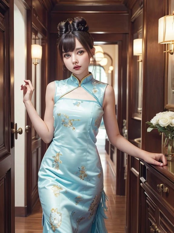 becky, (high quality, High resolution:1.2), (Realistic:1.4), (1 Girl:1), Traditional Chinese Dresses,  (Charming monkey:1), (((Double Buns))), Refer your audience, Lesbians all over, palace, corridor, ((Fringe cover)), Blunt bangs, Small breasts