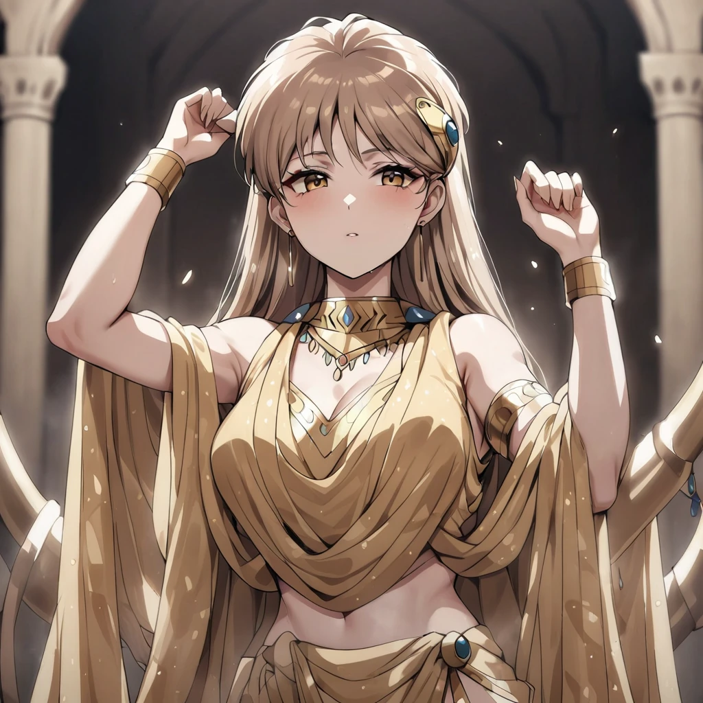 ((Highest quality)), ((masterpiece)), (detailed), （Perfect Face）、The woman is an Indian princess named Leona, with long light brown hair, a tikuli and a gorgeous golden sari, and is dressed in gorgeous Indian traditional clothing.