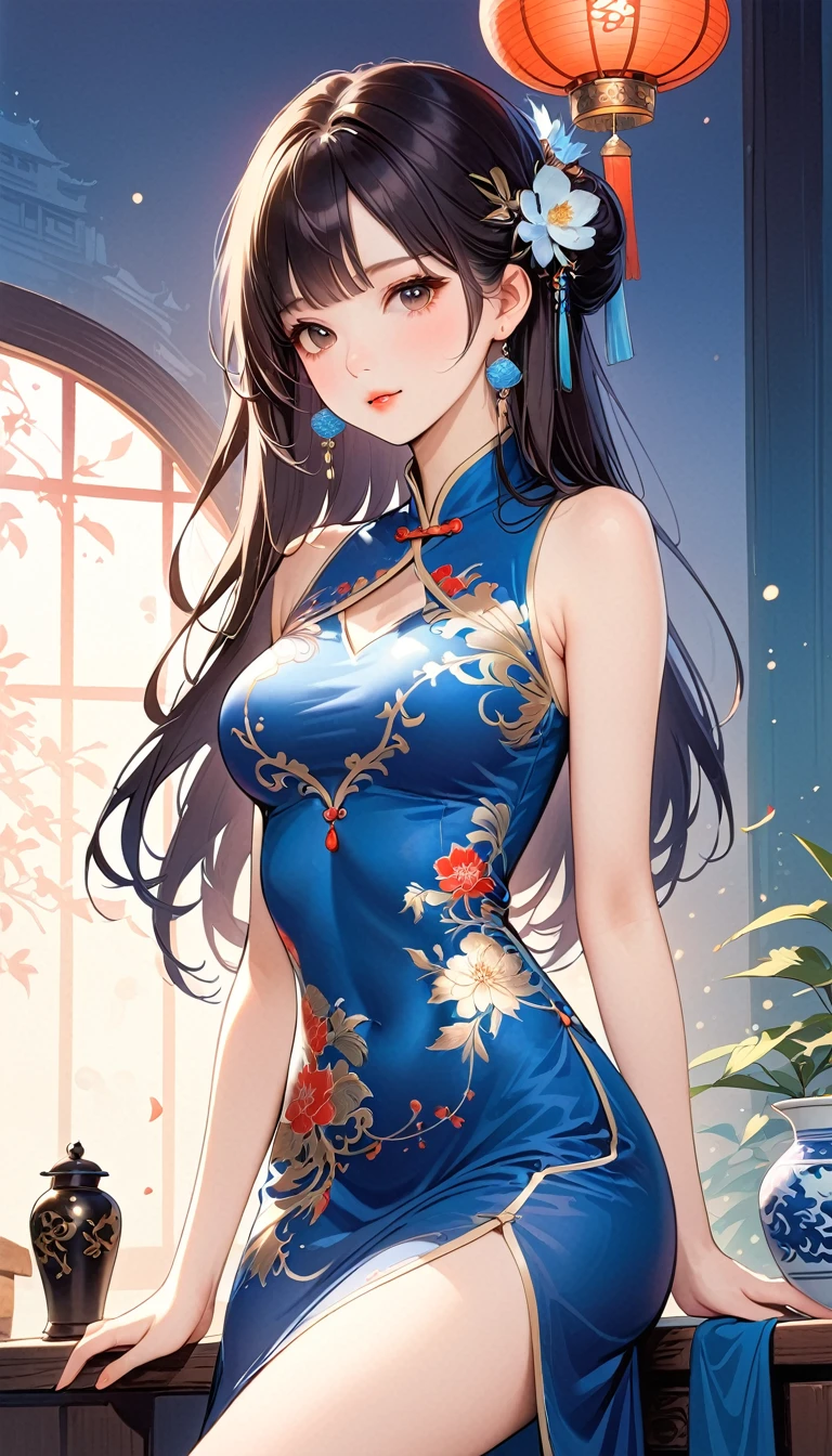 1 girl，On Cheongsam,Anatomically correct, Long hair，Blue and white porcelain，Exquisite pattern，Oriental elements，Ink painting style, Clean colors,White background, Soft lighting, ( Bokeh)，masterpiece, Very detailed, Epic Composition, best quality, 4K，