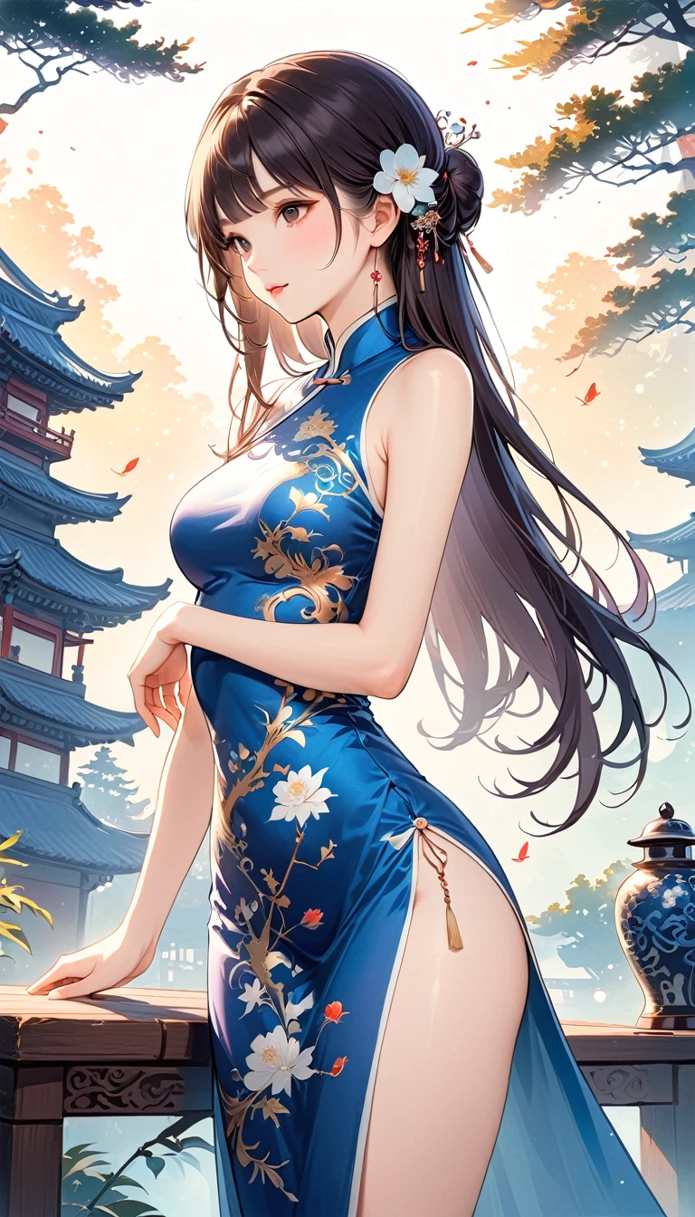 1 girl，On Cheongsam,Anatomically correct, Long hair，Blue and white porcelain，Exquisite pattern，Oriental elements，Ink painting style, Clean colors,White background, Soft lighting, ( Bokeh)，masterpiece, Very detailed, Epic Composition, best quality, 4K，