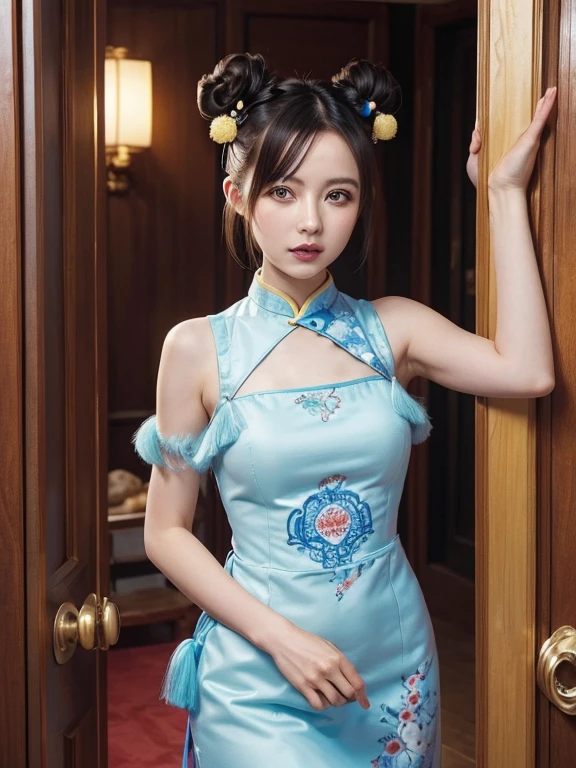becky, (high quality, High resolution:1.2), (Realistic:1.4), (1 Girl:1), Traditional Chinese Dresses,  (Charming monkey:1), (((Double Buns))), Refer your audience, Lesbians all over, palace, corridor, ((Fringe cover)), Small breasts