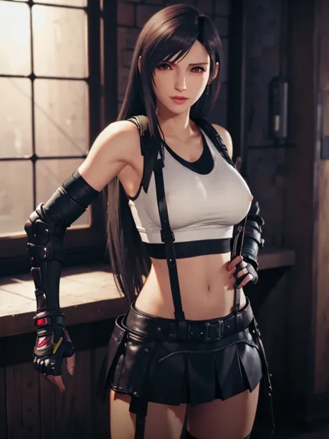 tifa lockhart,final fantasy vii,3d,black hair,breasts,earrings,exhibitionism,femalegauntlets,gloves,jewelry,long hair,looking at...